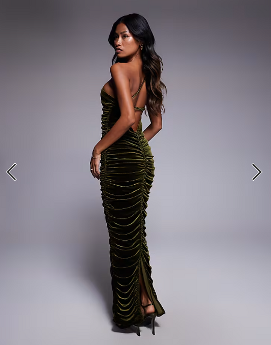 TFNC ruched one shoulder maxi dress in olive green velvet