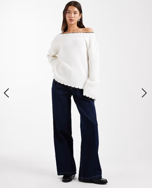Miss Selfridge asym off the shoulder blanket stitch slouchy jumper in cream
