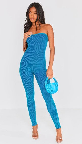 Blue Two Tone Knit Bandeau Jumpsuit