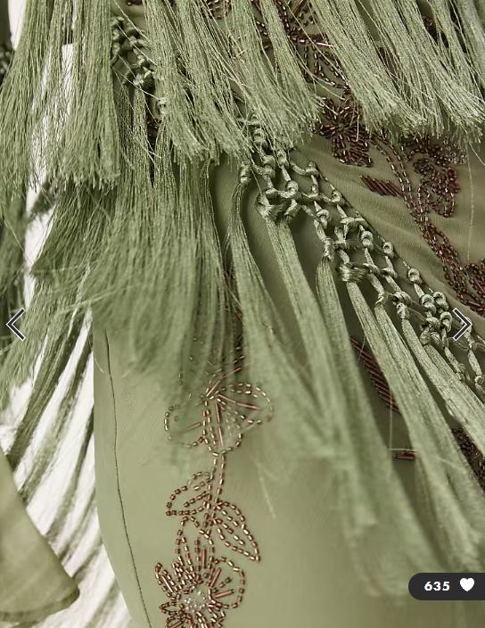 ASOS DESIGN long sleeve floral embellished maxi dress with draped fringing in light khaki