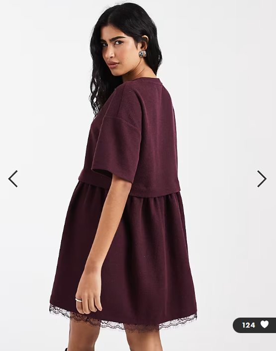Miss Selfridge short sleeve layered smock dress with lace hem in plum