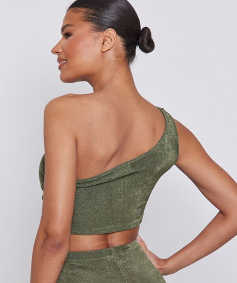 Khaki Acetate Slinky One Shoulder Ruched Top