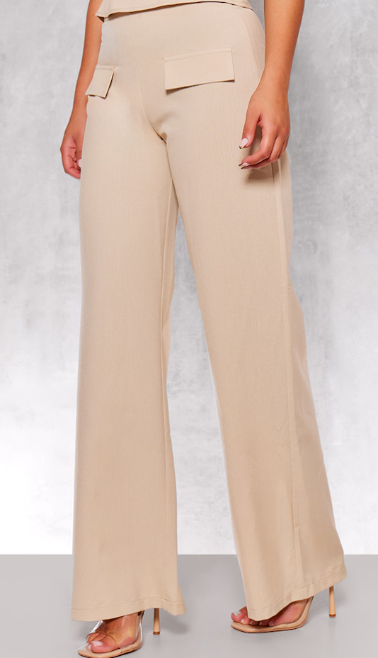 Stone Woven Tailored Wide Leg Pocket Detail Trousers