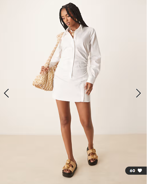 ASOS DESIGN cotton ruched waist shirt mini dress with flared sleeve in white
