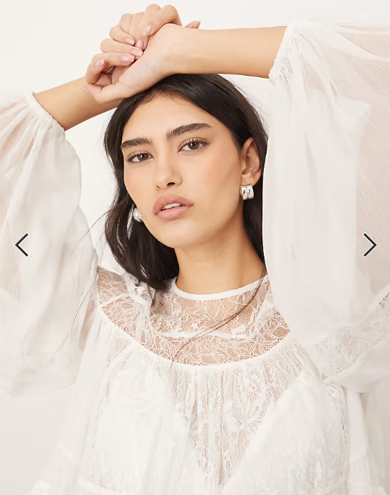 ARRANGE lace detail blouson sleeve top with drawstring detail in white