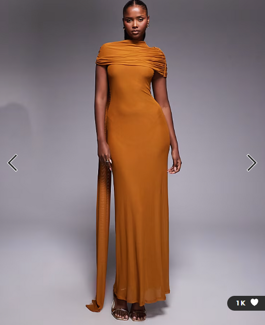 ASOS DESIGN mesh cape detail maxi dress with draped back in burnt yellow - YELLOW