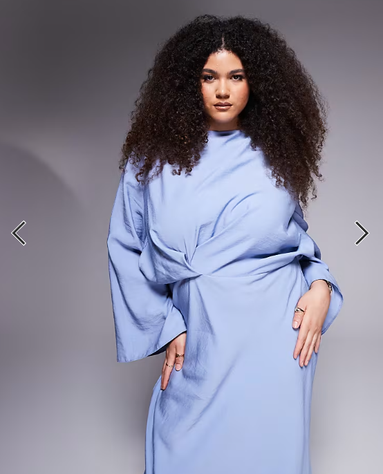 ASOS DESIGN Curve long sleeve tucked waist bias satin maxi dress in stonewash blue
