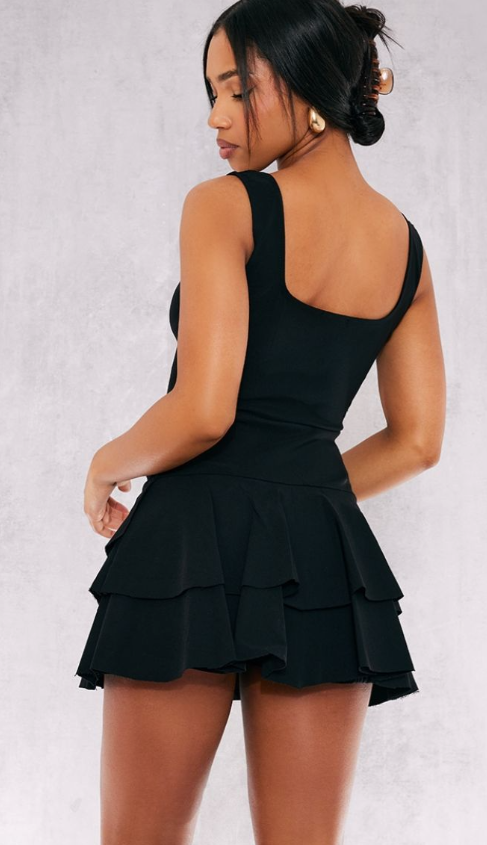 Black Stretch Woven Pleated Skort Playsuit