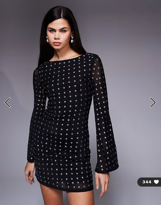 ASOS DESIGN angel sleeve star embellishment mini dress in black