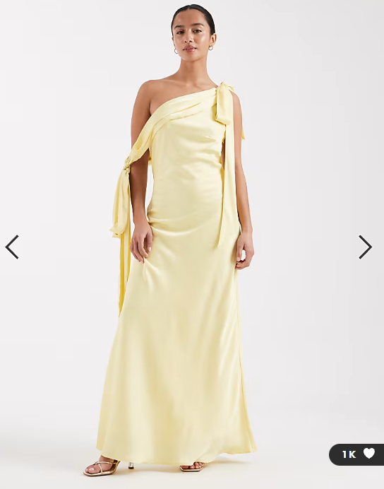 TFNC Petite Bridesmaids fallen shoulder satin maxi dress in yellow