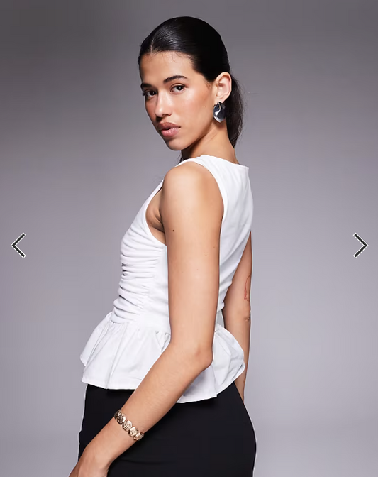 ASOS DESIGN asymmetric contrast fabric peplum hem top in ivory