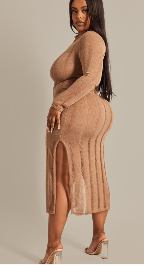 Plus Oatmeal Distressed Long Sleeve Midi Dress