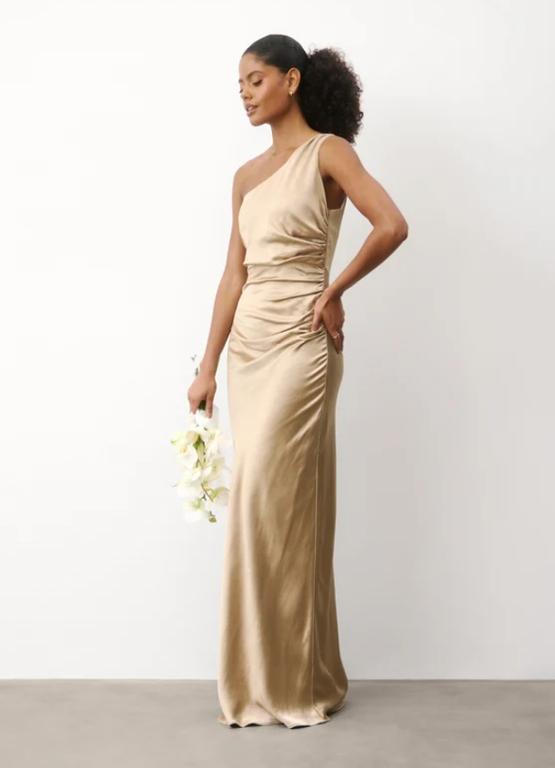 Six Stories - alex - One Shoulder Satin Bridesmaid Dress - Champagne