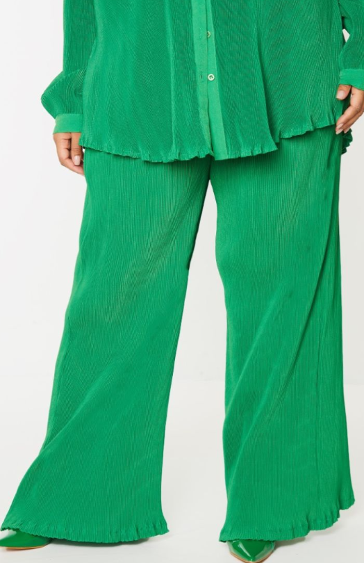 Plt - Plus Bright Green Plisse High Waisted Wide Leg Trousers