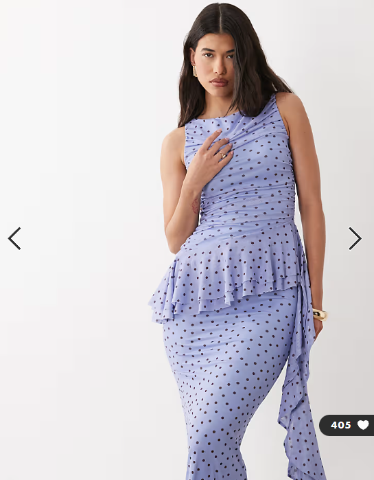 ASOS DESIGN mesh maxi dress with ruching and frill details in blue polka spot