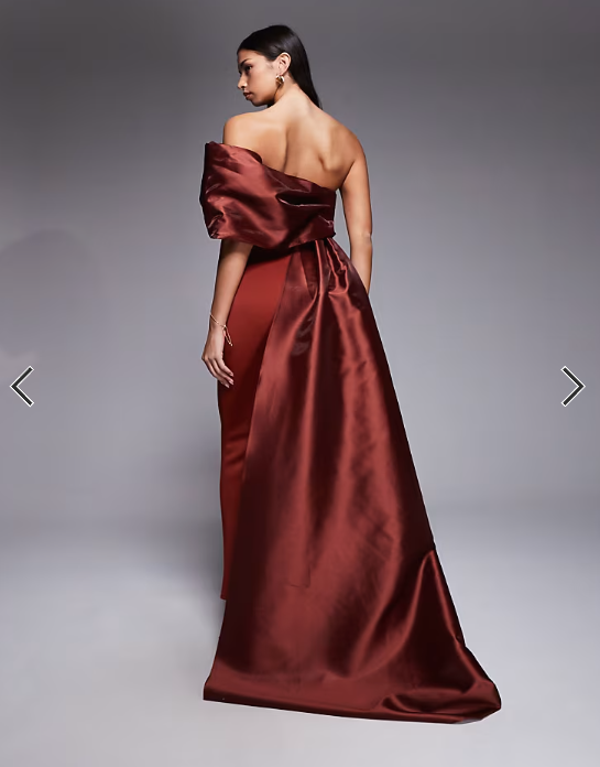 ASOS DESIGN Premium one shoulder draped maxi dress with contrast satin train in rust scuba-style fabric