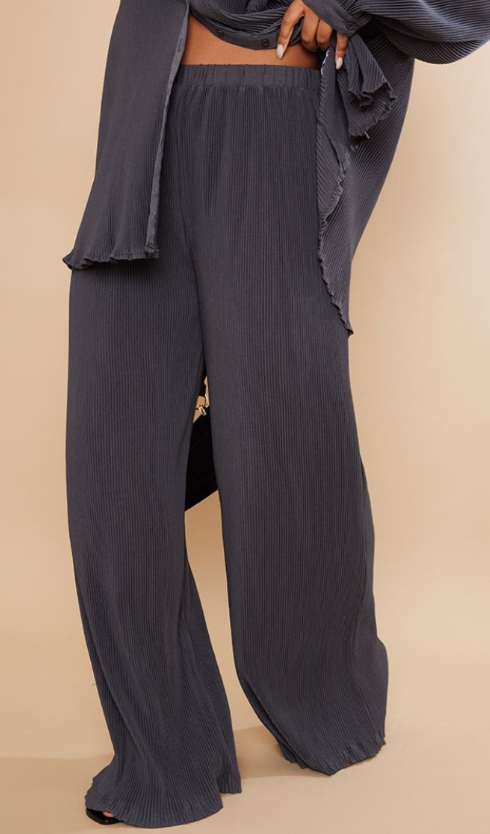 Plt - Plus Charcoal Plisse High Waisted Wide Leg Trousers
