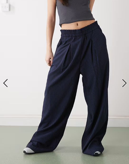 COLLUSION pull on trouser in navy pinstripe