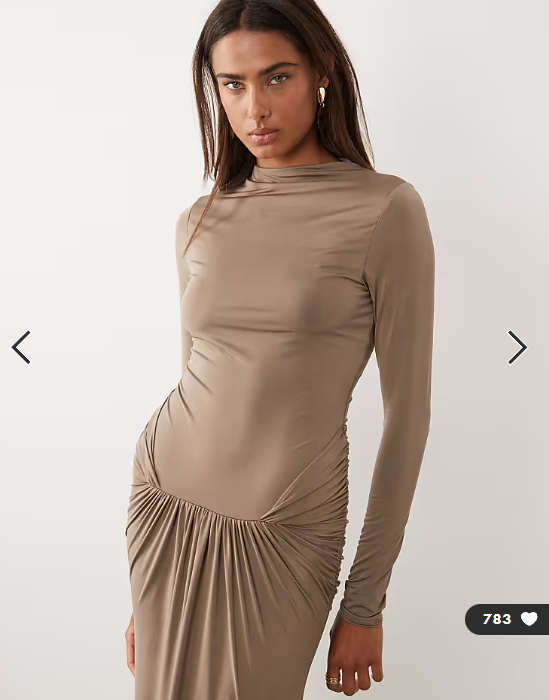 ASOS DESIGN slinky high neck maxi dress with waist detail in mocha