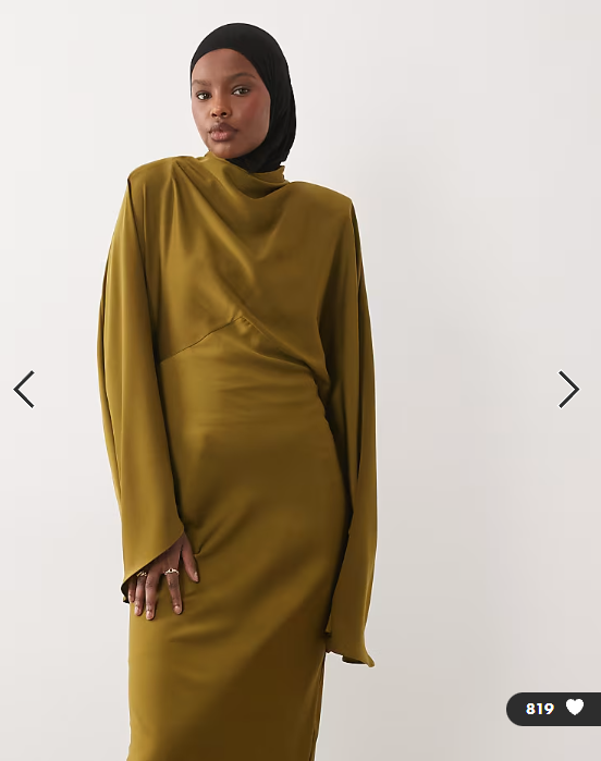 ASOS DESIGN funnel neck satin maxi dress with exaggerated sleeves in olive green