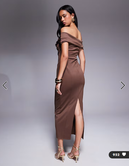 ASOS DESIGN sculpted bardot midi pencil dress with seam detailing in chocolate