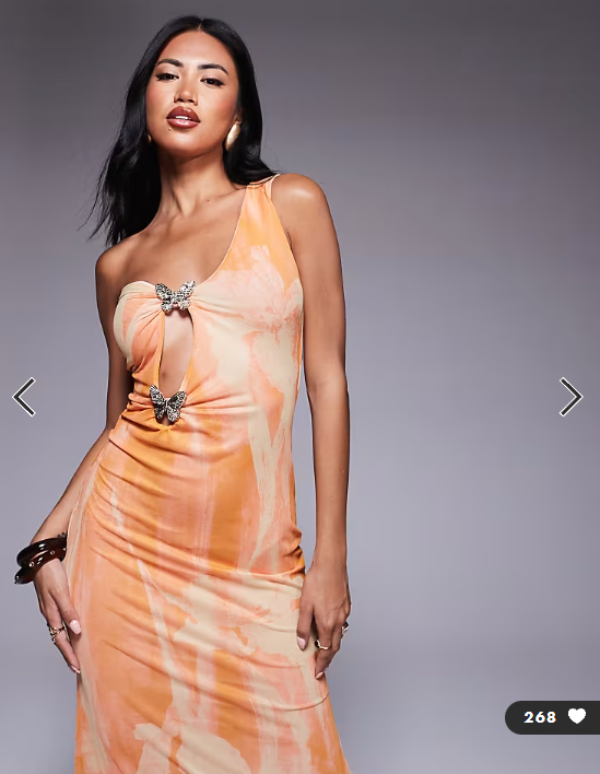 ASOS DESIGN mesh asymmetric one shoulder midi dress with gold butterfly trims in floral print