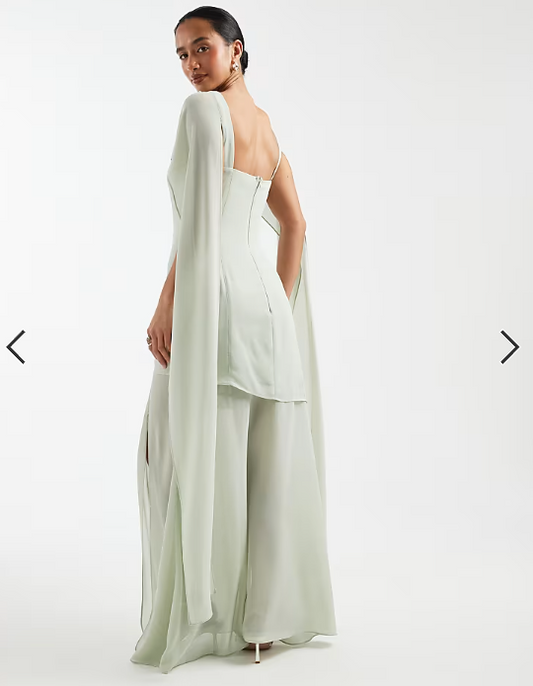 TFNC Petite Bridesmaid chiffon sheer skirt scarf detail maxi dress in sage green