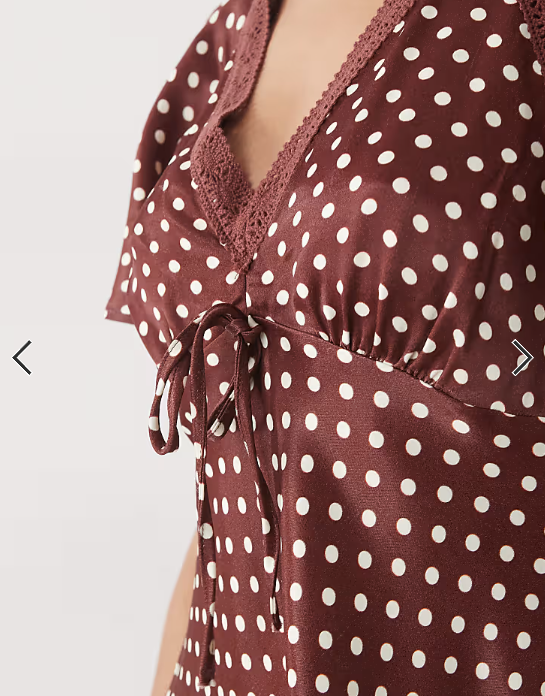 Reclaimed Vintage satin tea top with flutter sleeves and lace in brown polka dot