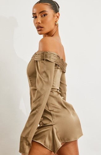 Khaki Satin Pleat Detail Bardot Flared Sleeve Bodycon Dress