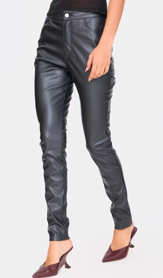 Black Button Up Faux Leather Skinny Trousers