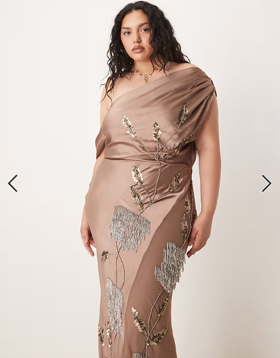 ASOS DESIGN Curve floral embellished chiffon satin mix maxi dress in mocha
