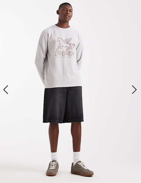 ASOS DESIGN relaxed long sleeve t-shirt with street graphic in grey waffle texture.