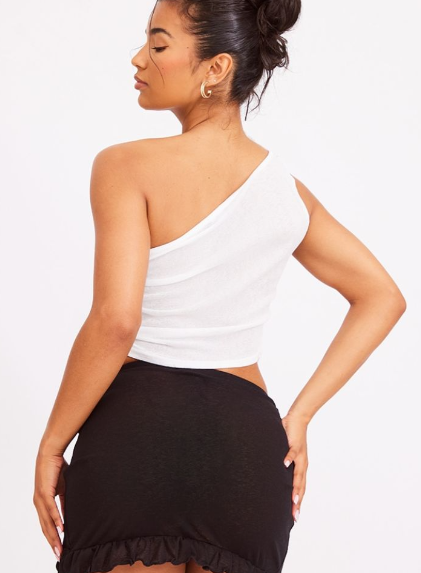 White Burnout Mesh Ruched Side Floral Applique One Shoulder Top