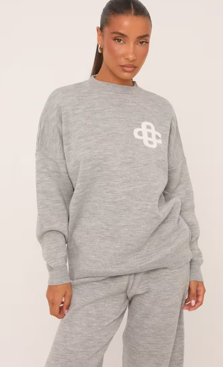High Neck Oversized Contrast Swirl Detail Sweatshirt In Grey Marl Knit