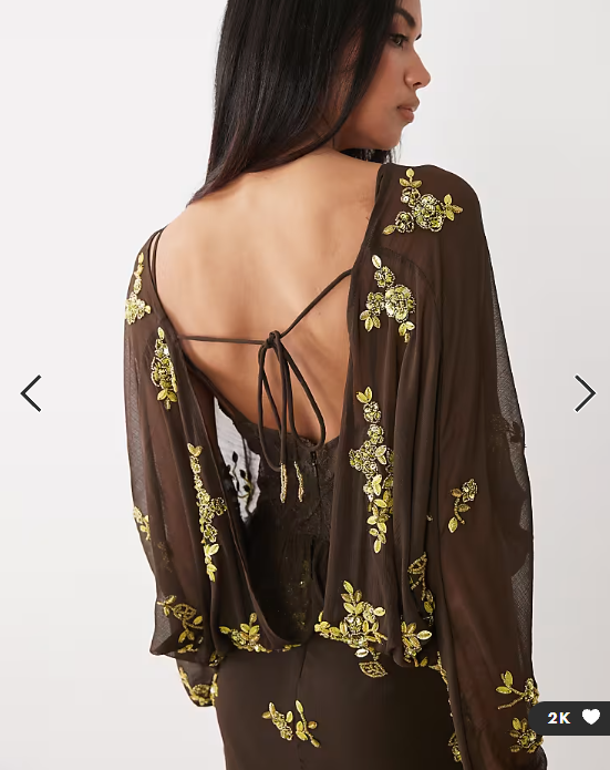 ASOS DESIGN batwing embellished slouchy hip mini dress with lace cami in chocolate and lime