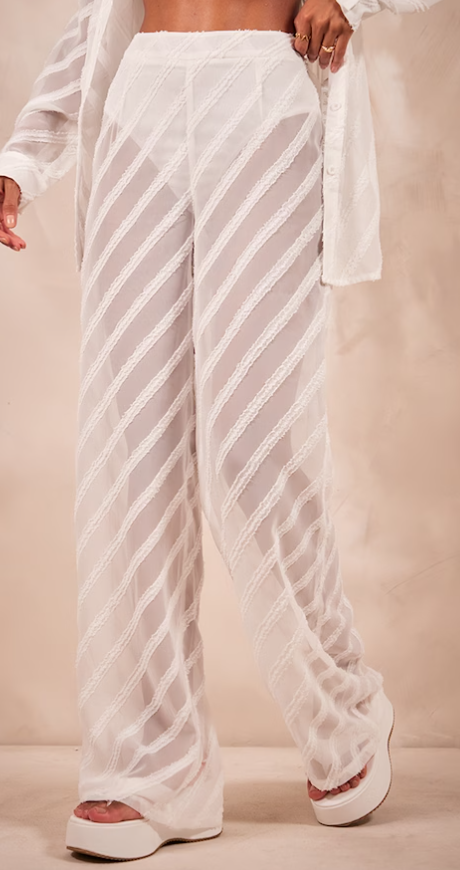 White Textured Chiffon Oversized Wide Leg Trousers