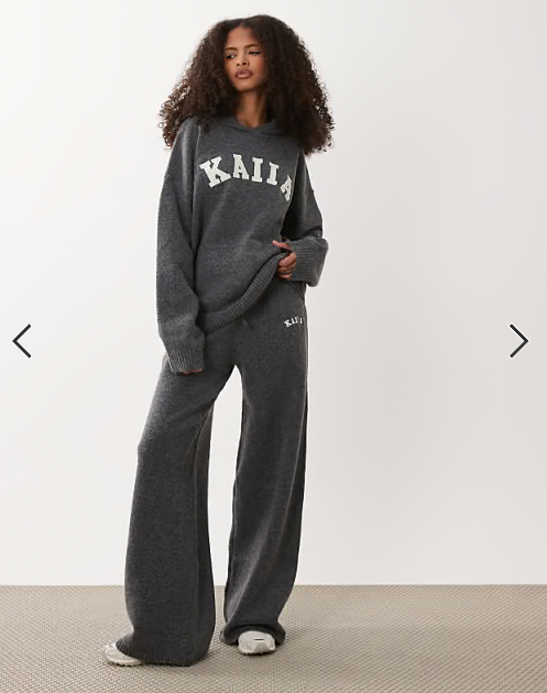 Kaiia knitted embroidered logo hoodie co-ord in charcoal