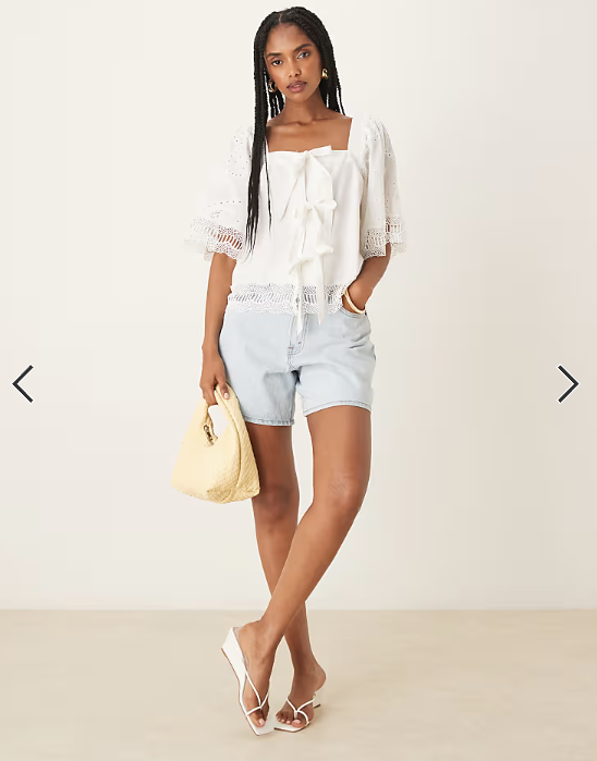 YAS crochet trim tie front square neck blouse in white