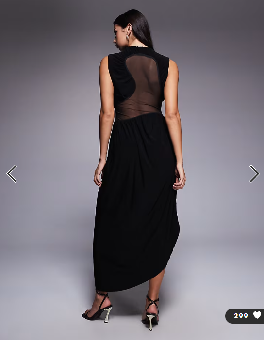 ASOS DESIGN midi dress with cowled skirt and mesh cut out detailing