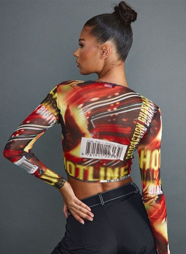 BROWN ABSTRACT PRINT MESH HALTER CROP TOP