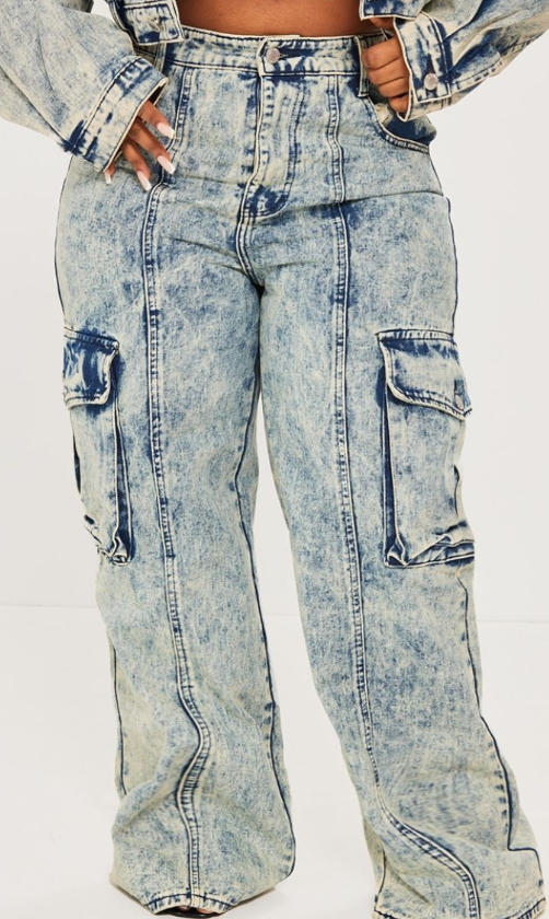 Plt - Plus Light Blue Acid Wash Pocket Detail Cargo Wide Leg Jeans
