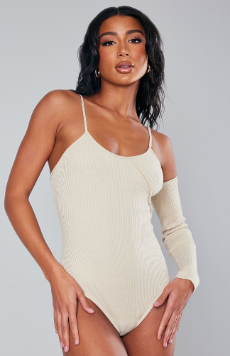 Oatmeal Rib Overlock Seam One Shoulder Bodysuit