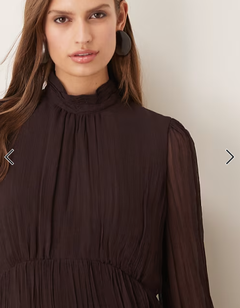 Mango high neck long sleeve chiffon tiered maxi dress in chocolate brown