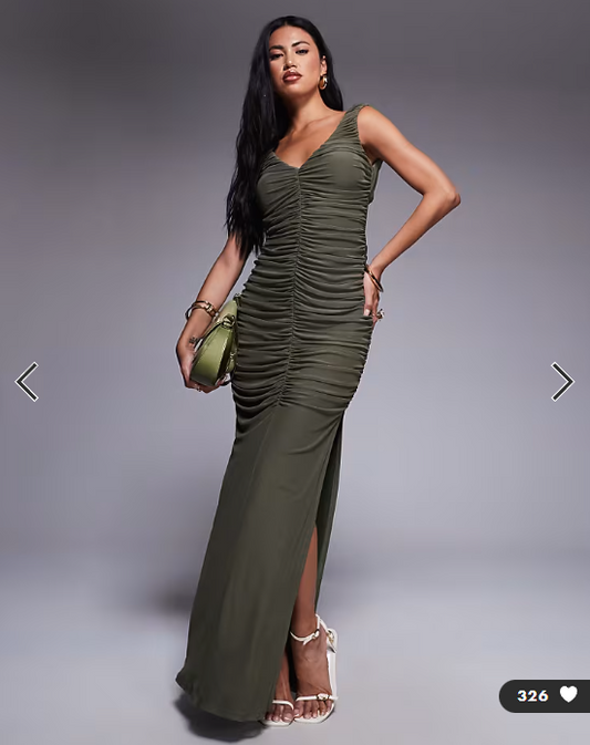 ASOS DESIGN plunge with ruching and open back with gold butterfly trim mesh maxi dress in khaki