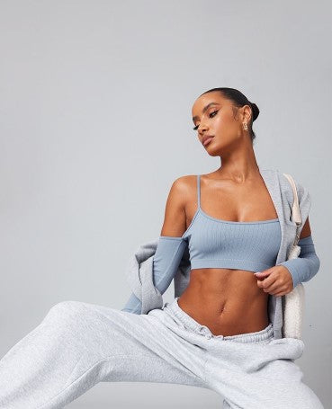 Washed Blue Wide Contour Rib Cold Shoulder Crop Top