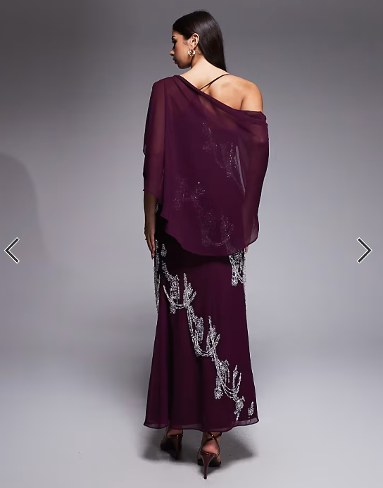 ASOS DESIGN fringe embellished bias cut maxi dress with cape sleeve in plum