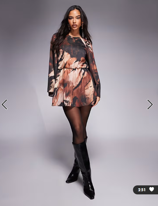 ASOS DESIGN satin long sleeve high neck playsuit in dark abstract print