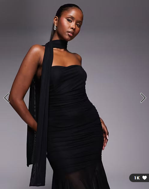 TFNC bandeau maxi dress with full sheer skirt and scarf detail in black
