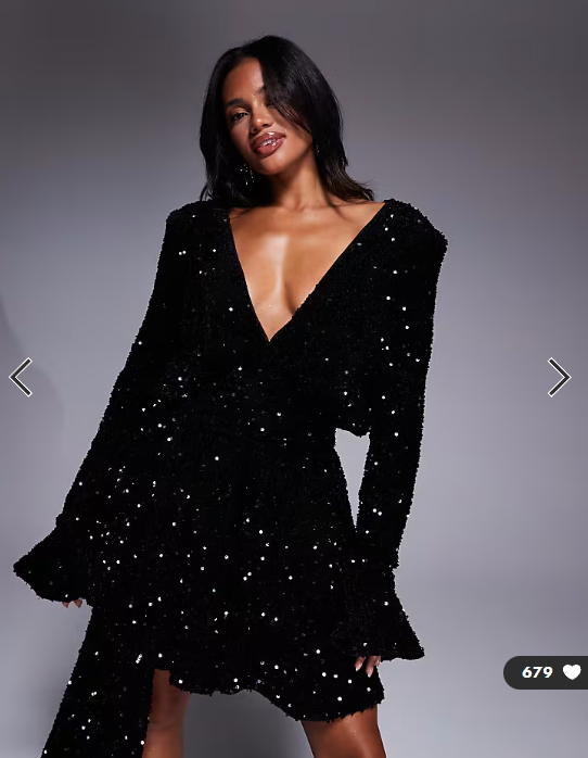 ASOS LUXE sequin velvet drape front mini dress with exaggerated shoulders in black
