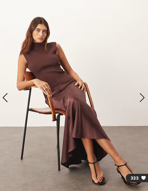 ARRANGE knit dropped waist midi dress with satin skirt in chocolate